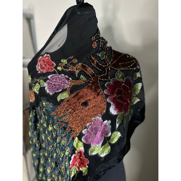 Burnout Velvet Floral Peacock Beaded Embellished Rectangle Scarf Wrap - Picture 2 of 4